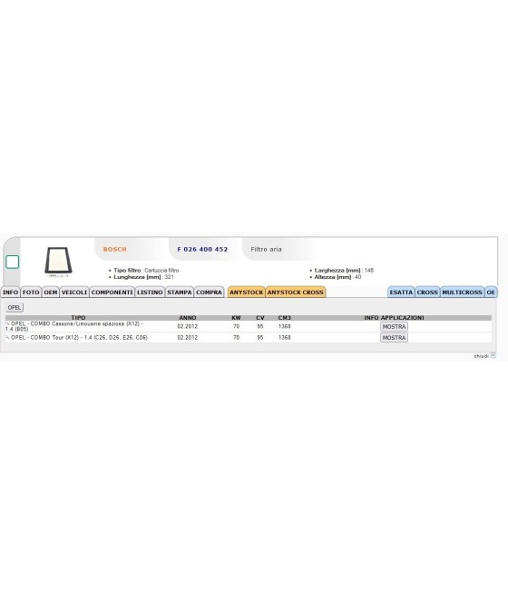 F026400452 A2691 FILTRO ARIA MOTORE PER OPEL COMBO 1.4 12--