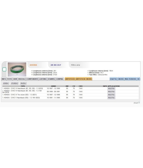 FILTRO ARIA MOTORE PER HONDA CIVIC IV V HYUNDAI STELLAR MAZDA 323 II III