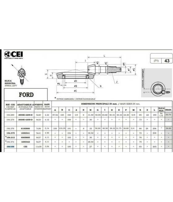 194.156 COPPIA CONICA RAPPORTO 11/39 PER FORD TRANSIT 75 100 115 125