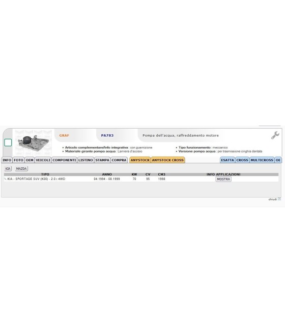 POMPA ACQUA PER KIA SPORTAGE 2.0 i 4WD MAZDA 626 III 929 III 1.6 1.8 2.0 2.2