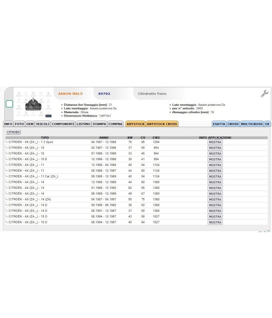 CILINDRETTO FRENO RUOTA P/DX-SX PER CITROEN AX 1.0 1.1 1.3 1.4 1.4 D 1.5 D