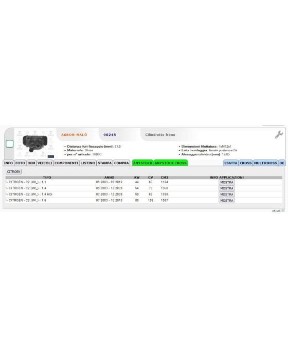 CILINDRETTO FRENO RUOTA P/SX PER CITROEN C2 1.1 1.4 1.4 Hdi 1.6