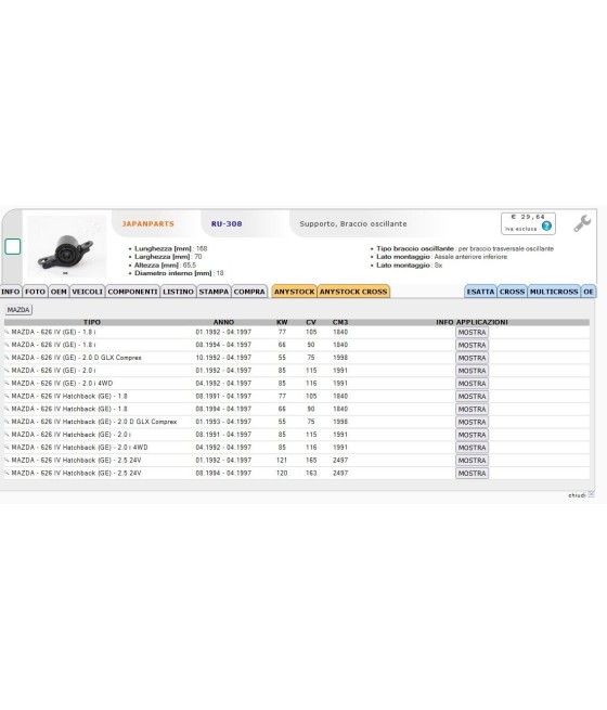 RU-308 GA2A-34-46YA SUPPORTO BRACCIO OSCILLANTE ANTERIORE SX PER MAZDA 626 IV