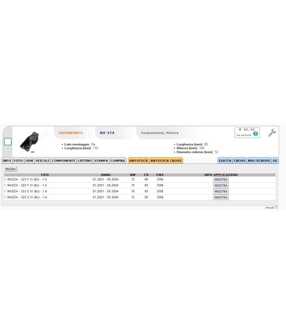 RU-374 B25G-39-040D SUPPORTO MOTORE ANTERIORE DX PER MAZDA 323 F S VI
