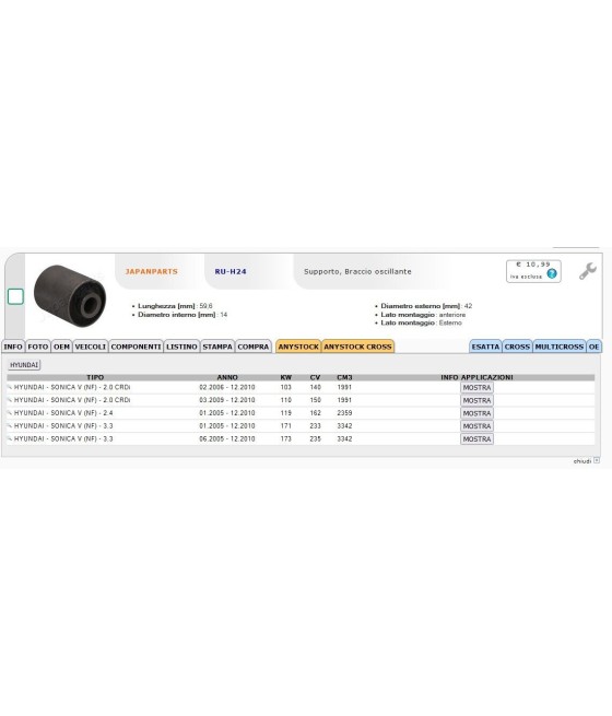 SILENBLOCK BRACCIO OSCILLANTE ANTERIORE PER HYUNDAI SONICA 05--10