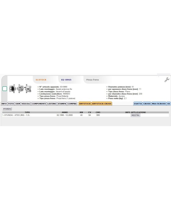 82-0965 999602606290 PINZA FRENO ANTERIORE SX PER HYUNDAI ATOS 1.0 i 98--00 NK