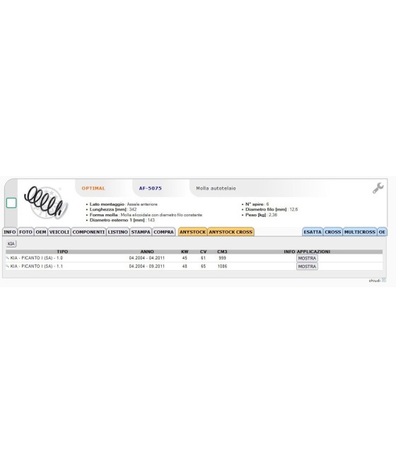 AF5075 MOLLA AMMORTIZZATORE ANTERIORE KIA PICANTO I SA 1.0 1.1 2004-2011