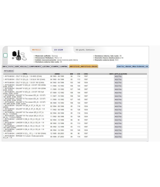 GIUNTO OMOCINETICO PER MITSUBISHI COLT IV GALANT VI LANCER V MIRAGE 1.6 1.8 2.0 