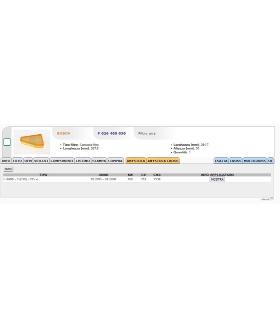 F026400030 30.B17.00 FILTRO ARIA MOTORE PER BMW SERIE 3 E90 325 xi 05--