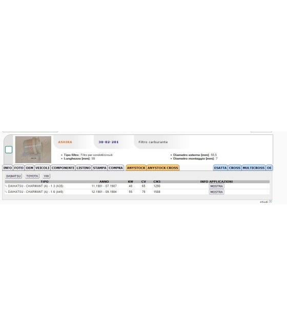FILTRO CARBURANTE BENZINA PER DAIHATSUN CHARMANT TOYOTA CARINA CELICA COROLLA VW