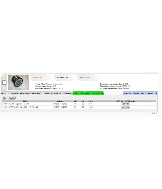 FILTRO OLIO PER KIA BESTA SPORTAGE MAZDA 323 III 626 II E FURGONATO