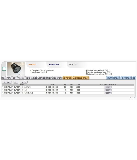 FILTRO OLIO PER CHEVROLET BLAZER OPEL ASCONA C PONTIAC TRANS SPORT
