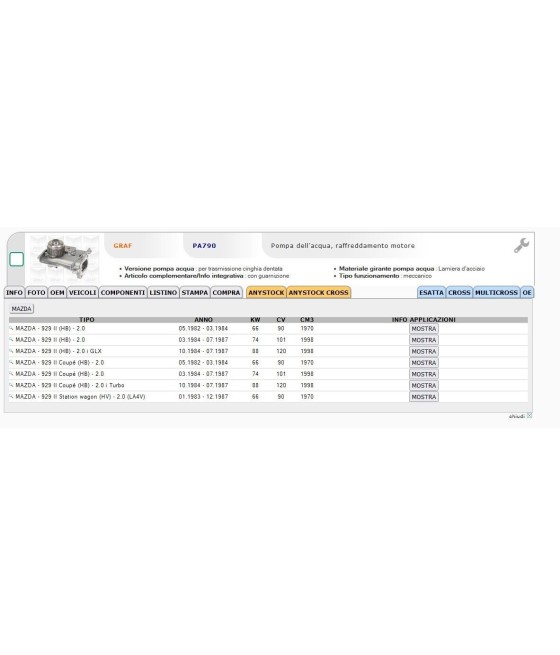 10790 PA790 QCP1401 POMPA ACQUA PER MAZDA 929 II 2.0 2.0 i TURBO