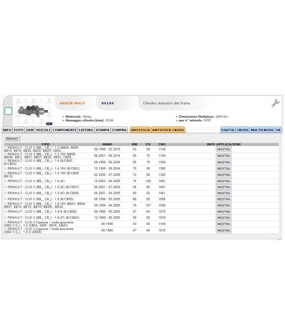 1059 89184 POMPA FRENO PER RENAULT CLIO II 1.2 1.4 1.5 DCI 1.6 1.9 D DTI