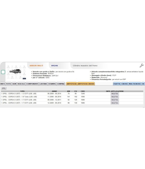 05-0700 89246 POMPA FRENO PER OPEL CORSA D 1.3 CDTI 1.6 TURBO 1.7 CDTI