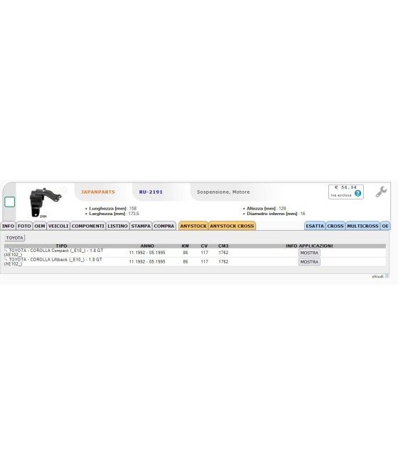 RU-2191 12305-16050 SUPPORTO MOTORE PER TOYOTA COROLLA 1.8 GT 92--95