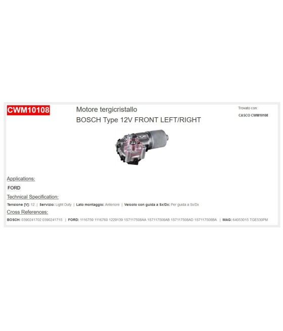 MOTORINO TERGICRISTALLI ANTERIORE PER FORD MONDEO III 00--07 CASCO