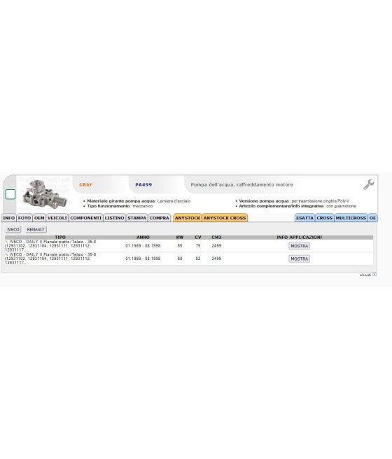 POMPA ACQUA PER IVECO DAILY 35.8 89-98 RENAULT MASTER I TRAFIC 2.4 D 2.5 D