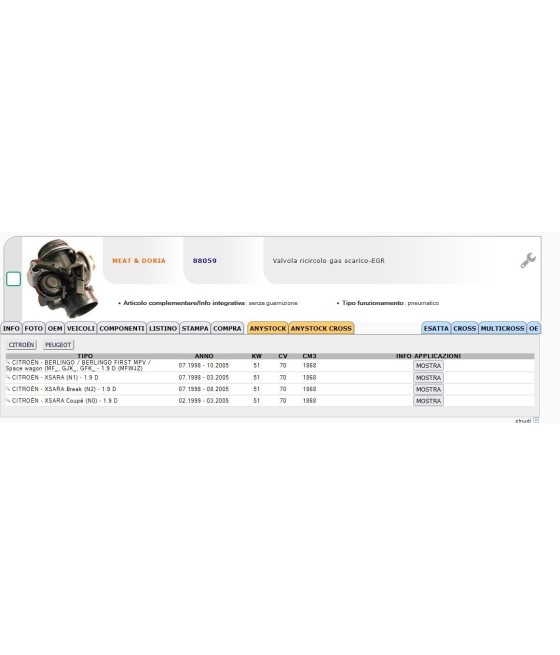 VALVOLA EGR GAS SCARICO PER BERLINGO XSARA 1.9 D PEUGEOT 306 RANCH 1.9 D