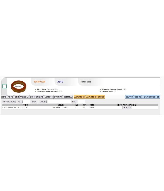 FILTRO ARIA MOTORE PER AUTOBIANCHI A111 FIAT 1100 1500 1900 124 125 131 LANCIA