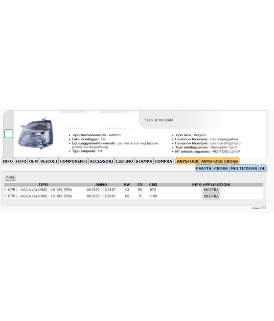 FARO PROIETTORE DX H4 OPEL AGILA 2000- 2007 SUZUKI WAGON R+ ORIGINALE