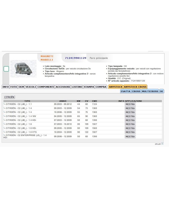 LPH712 6204.ZW FARO PROIETTORE SX H4 CITROEN C2 09/2003-  MARELLI