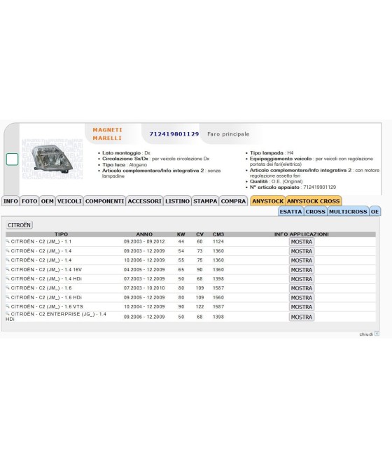 LPH711 6205.ZW FARO PROIETTORE DX H4 CITROEN C2 09/2003-  MARELLI