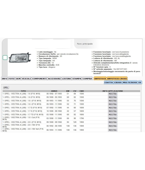 0301028135 1216473 FARO PROIETTORE SX H4 OPEL VECTRA A  09/92- 09/95 BOSCH