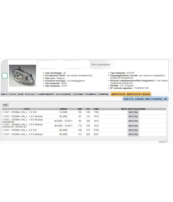 51801266 FARO PROIETTORE SX H7/H1 FIAT CROMA 2005- 2010 ORIGINALE