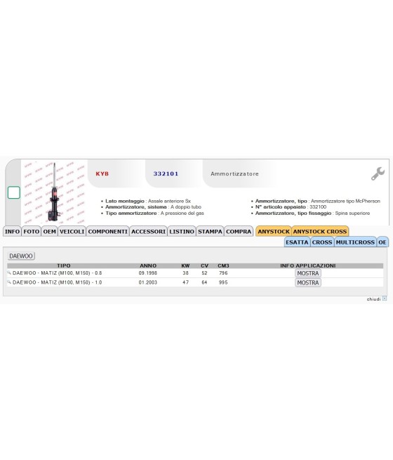 COPPIA AMMORTIZZATORI ANTERIORI DX/SX DAEWOO MATIZ 0.8 1998- 1.0 2003- KYB