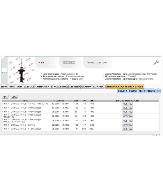 COPPIA AMMORTIZZATORI ANT DX/SX FIAT CROMA (194) 05- OPEL SIGNUM VECTRA C KYB