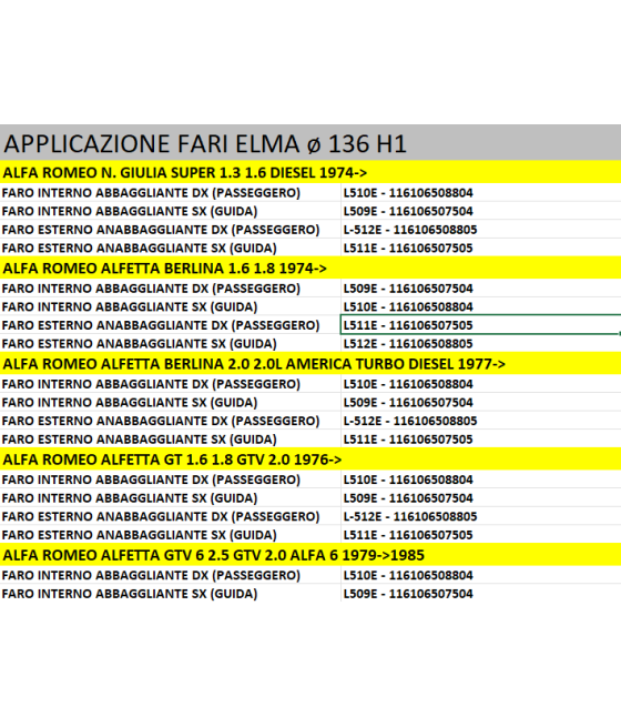 FARO PROIETTORE INT. DX H1 ø136 ALFA N. GIULIA SUPER ALFETTA GT GTV 74- ELMA