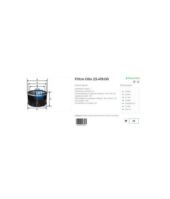 FILTRO OLIO PER MITSUBISHI...