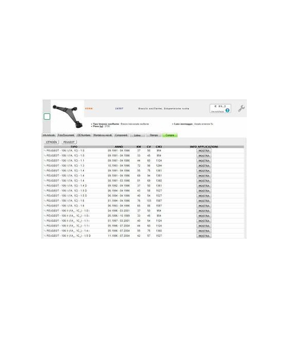 BRACCIO OSCILLANTE SOSPENSIONE ANTERIORE SX PEUGEOT 106 1991--