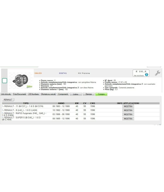 KIT FRIZIONE 3PZ RENAULT R/9-R/11-EXPRESS 1596cc DS (ø 180)