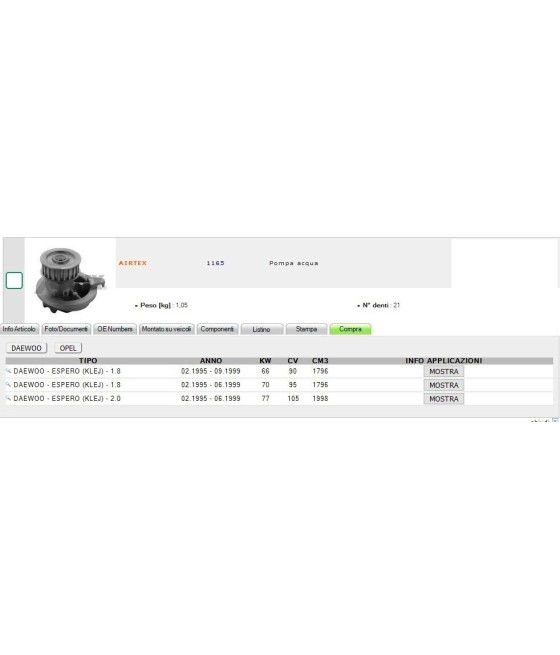 PA235 POMPA ACQUA DAEWOO ESPERO ASCONA C KADETT D E MANTA B REKORD E 1.6 1.8 