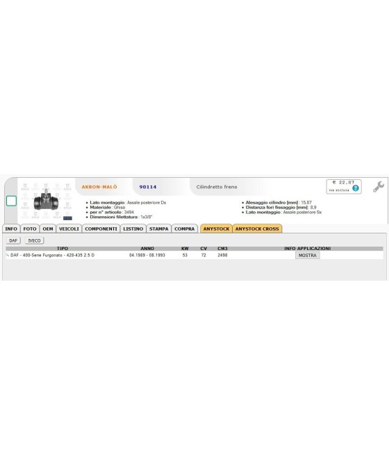 CILINDRETTO FRENO RUOTA POSTERIORE (ø 15,87) DAF 400 IVECO DAILY 35.10 40.10