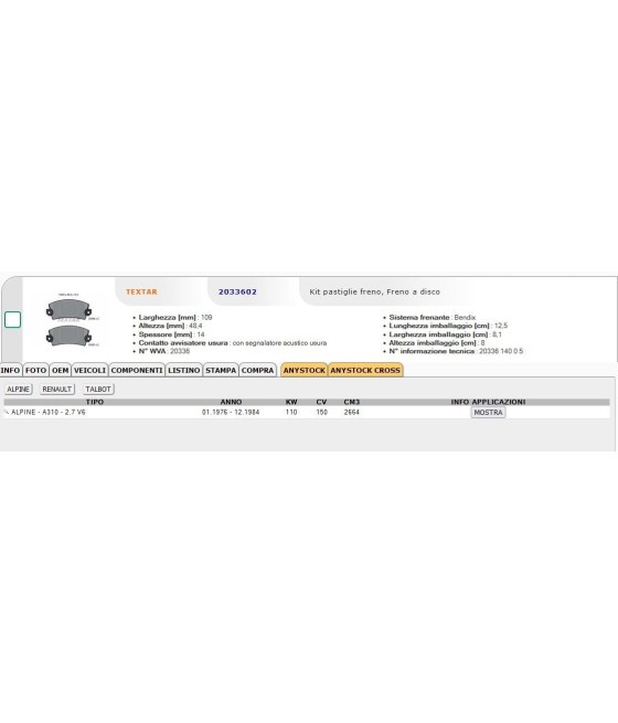 SERIE PASTIGLIE FRENO POST. RENAULT R5 R12 R18 R21 R25 R30 FUEGO TALBOT TEXTAR